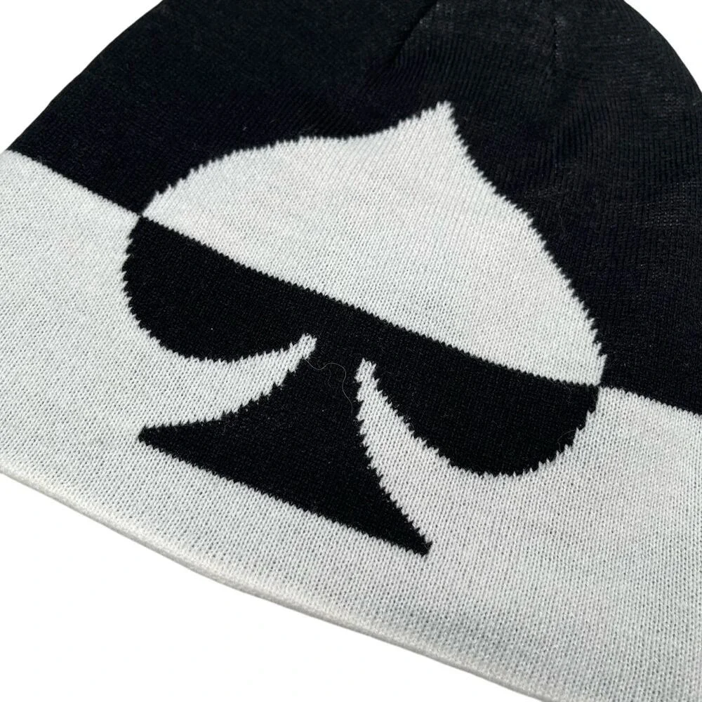 Kate Spade New York Beanie Hat +‎ Gloves Black White Oversized Spade Wool Blend